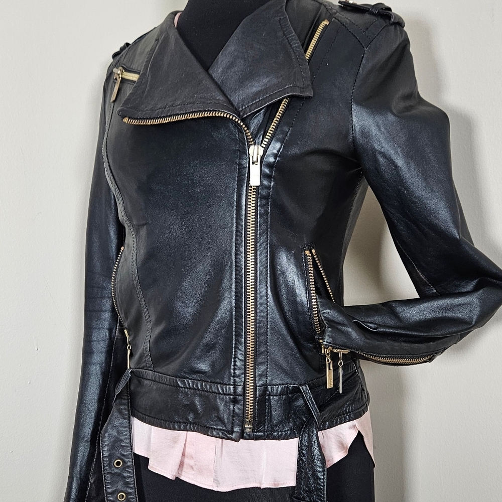 Black Rivet Black Leather Moto Jacket Belted Detail Punk Goth Rocker Biker  S